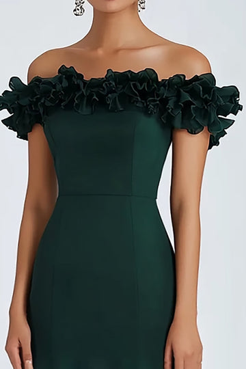 Mörkgrön Off The Shoulder Ruffles Rynkad Formell Klänning